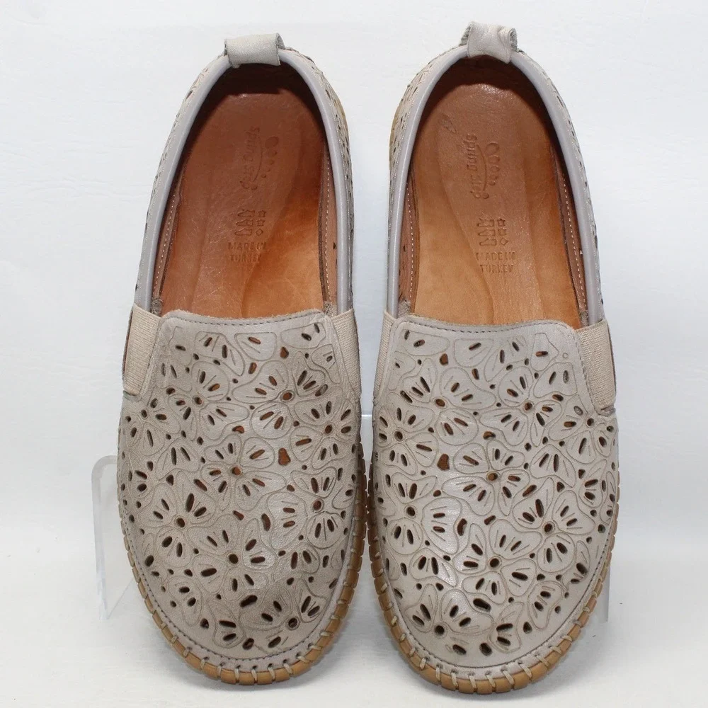 Spring Step Women Gray Leather Laser‎ Cut Floral Slip On Loafers Size 6.5